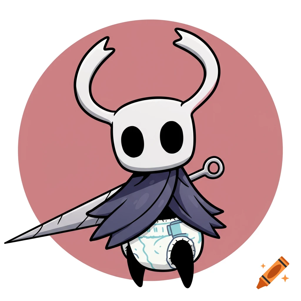 A vector graphic of The Knight from Hollow Knight wearing a diaper, against a red circle background.