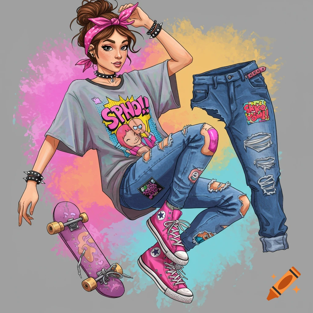 Young woman in a skater outfit, ripped jeans, t-shirt, pink high-top sneakers, and a bandana, sitting near a skateboard.