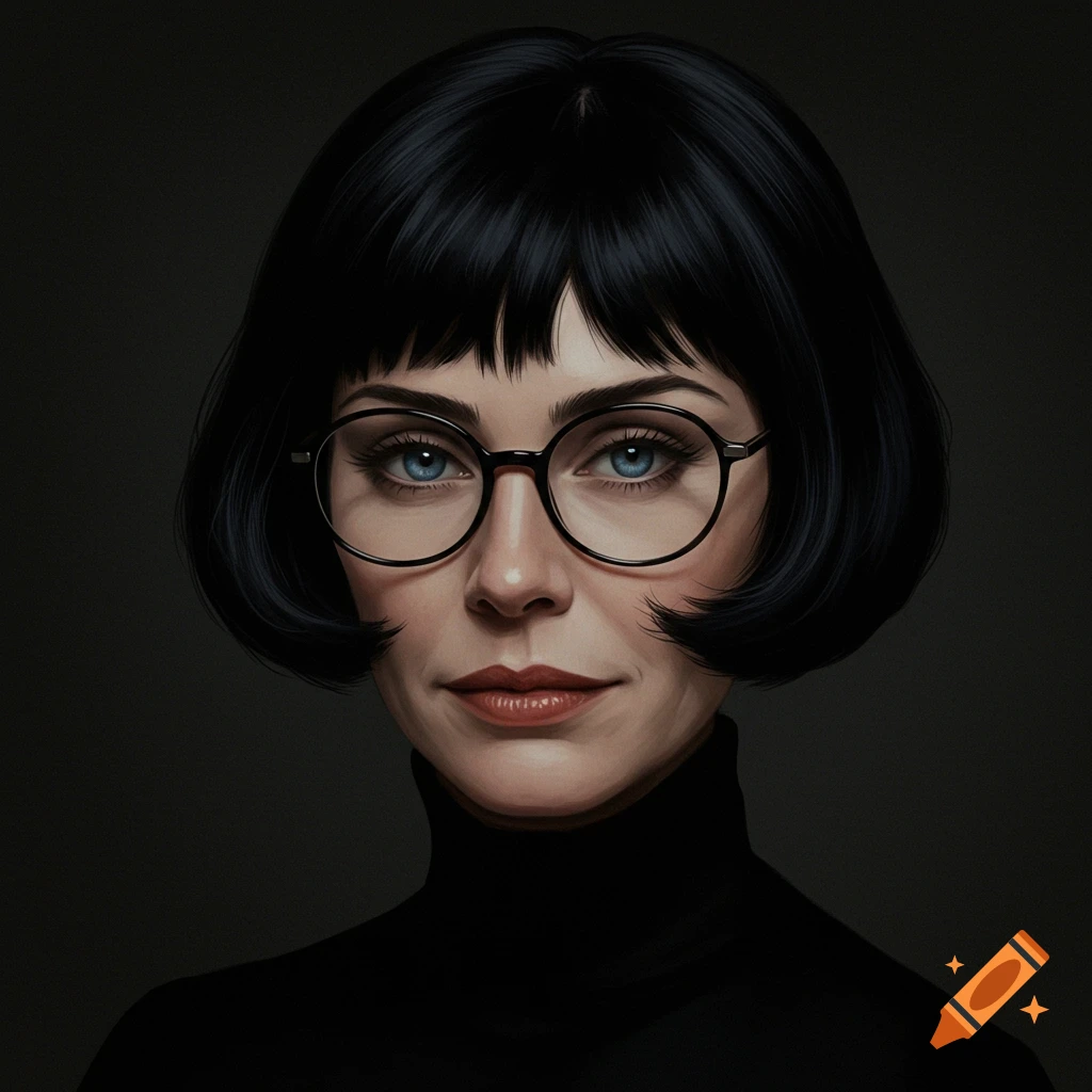 A woman with a black bob, blue eyes, and black glasses