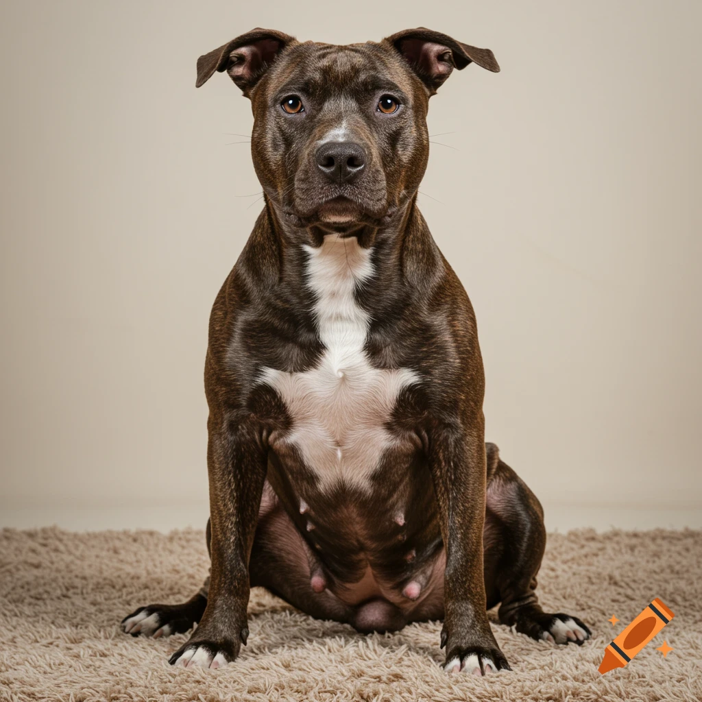 A brown brindle and white pit bull sits on a rug
