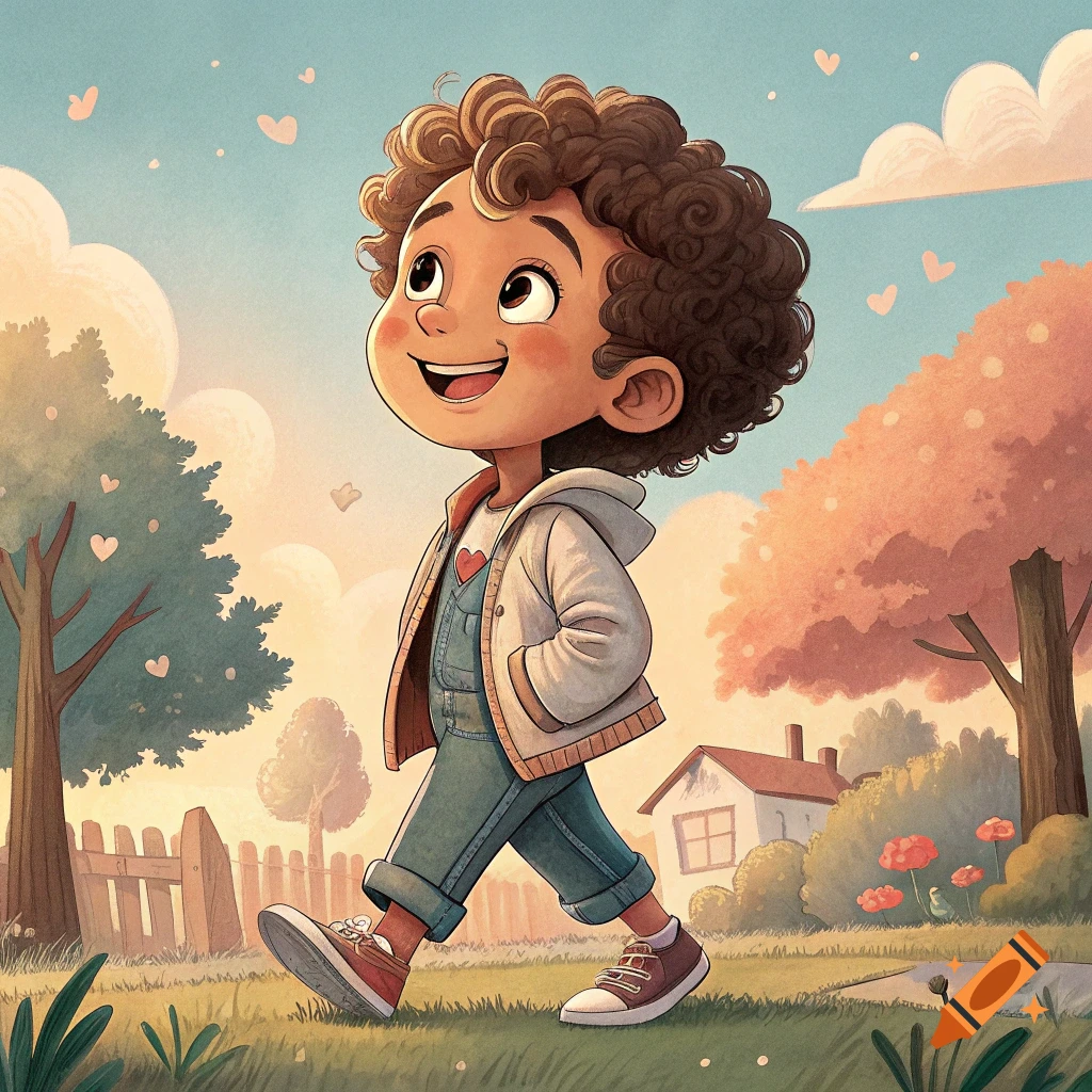 Cartoon illustration of a cheerful child with curly hair walking through a park.