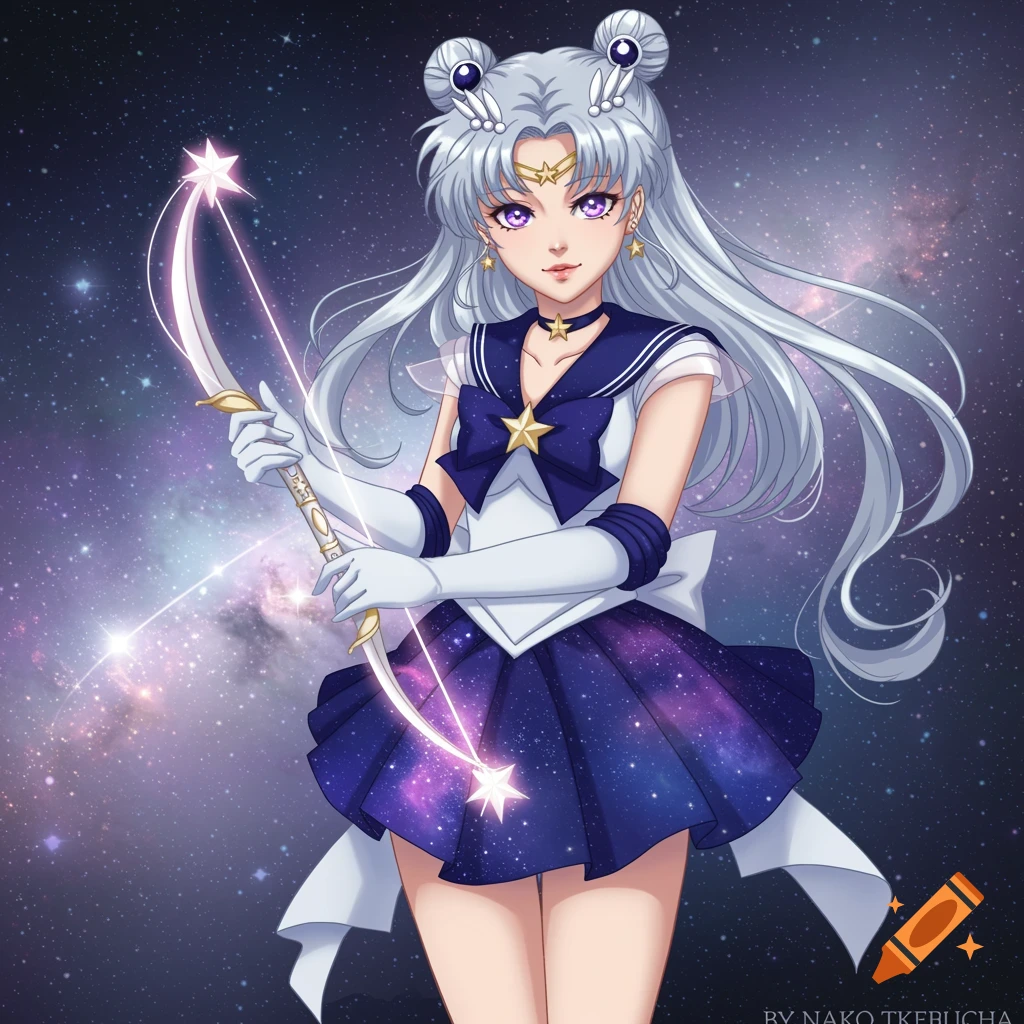 Anime magical girl with silver hair in a sailor uniform and galaxy skirt holding a celestial bow against a cosmic background