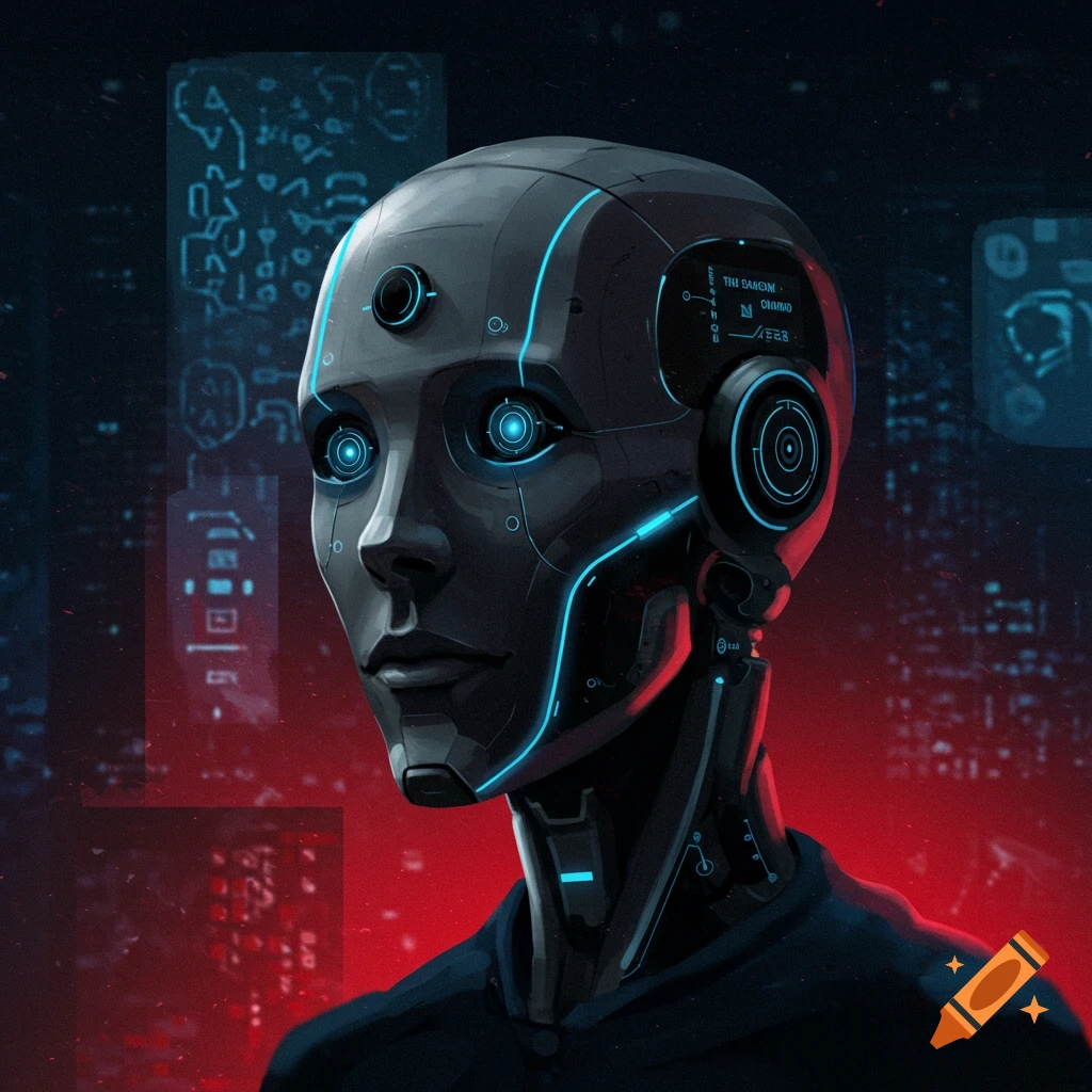 A dark cyborg head with glowing blue eyes against a red and blue digital background in a cyberpunk style.