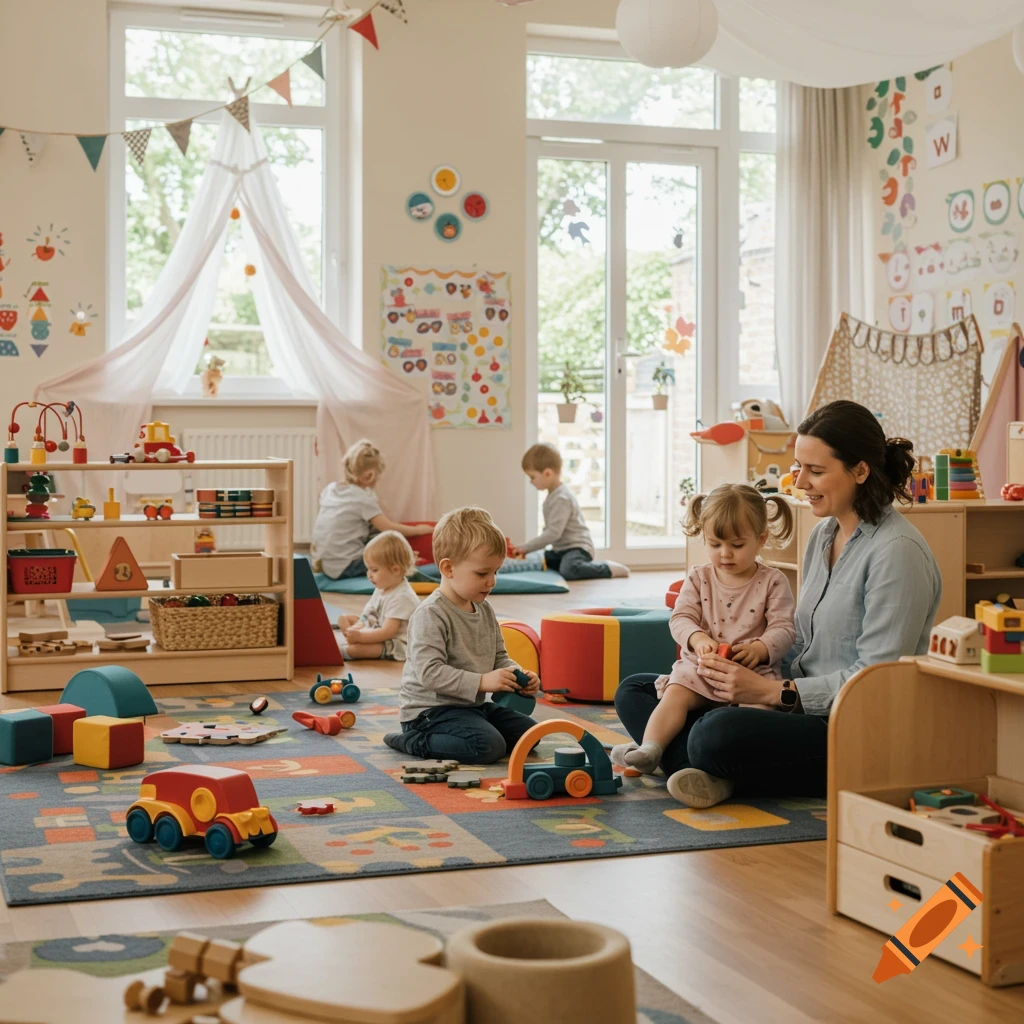 Teacher and children playing in a bright, colorful preschool classroom.