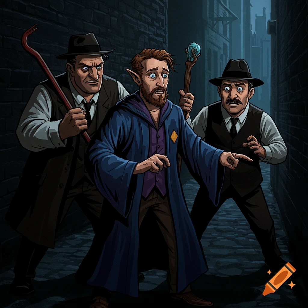 Digital illustration of a wizard being threatened by two men with a crowbar in a dark alley.