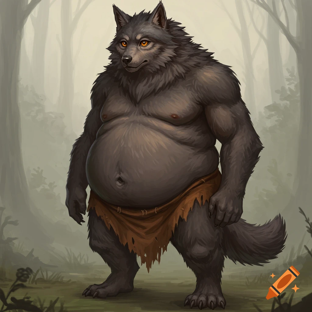 An obese humanoid wolf stands in a forest.