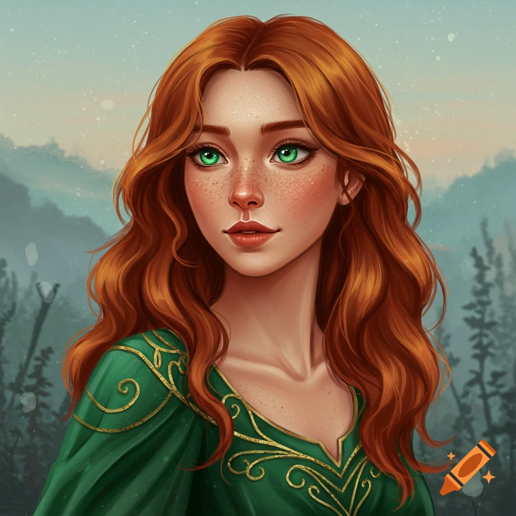 A woman with long red hair and green eyes wearing a green dress, against a blurry forest background.
