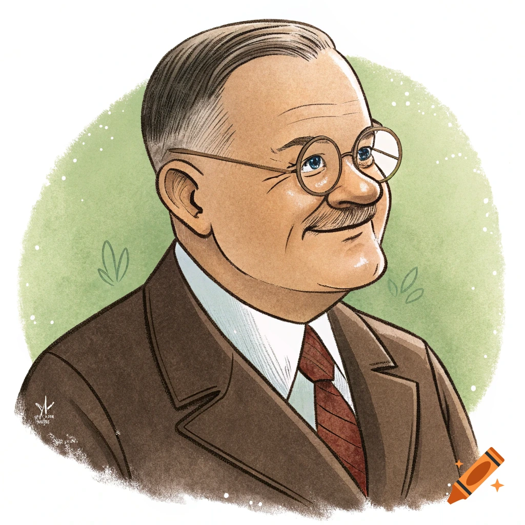 Cartoon portrait of a man in a suit and glasses, resembling Herbert Hoover, against a green background.