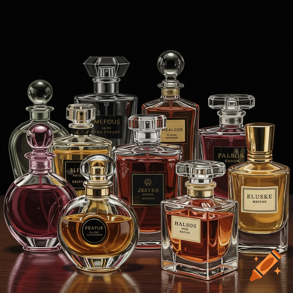 A group of perfume bottles on a table.