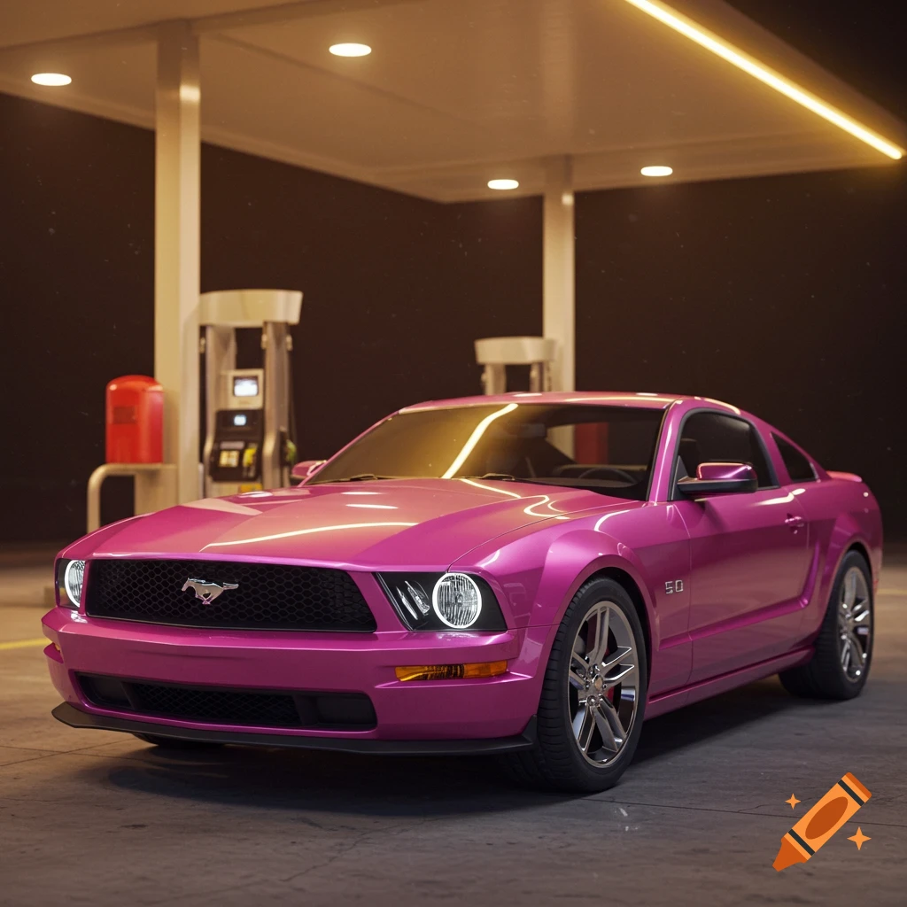 A pink Mustang 5.0 is parked under the canopy of a gas station at night.