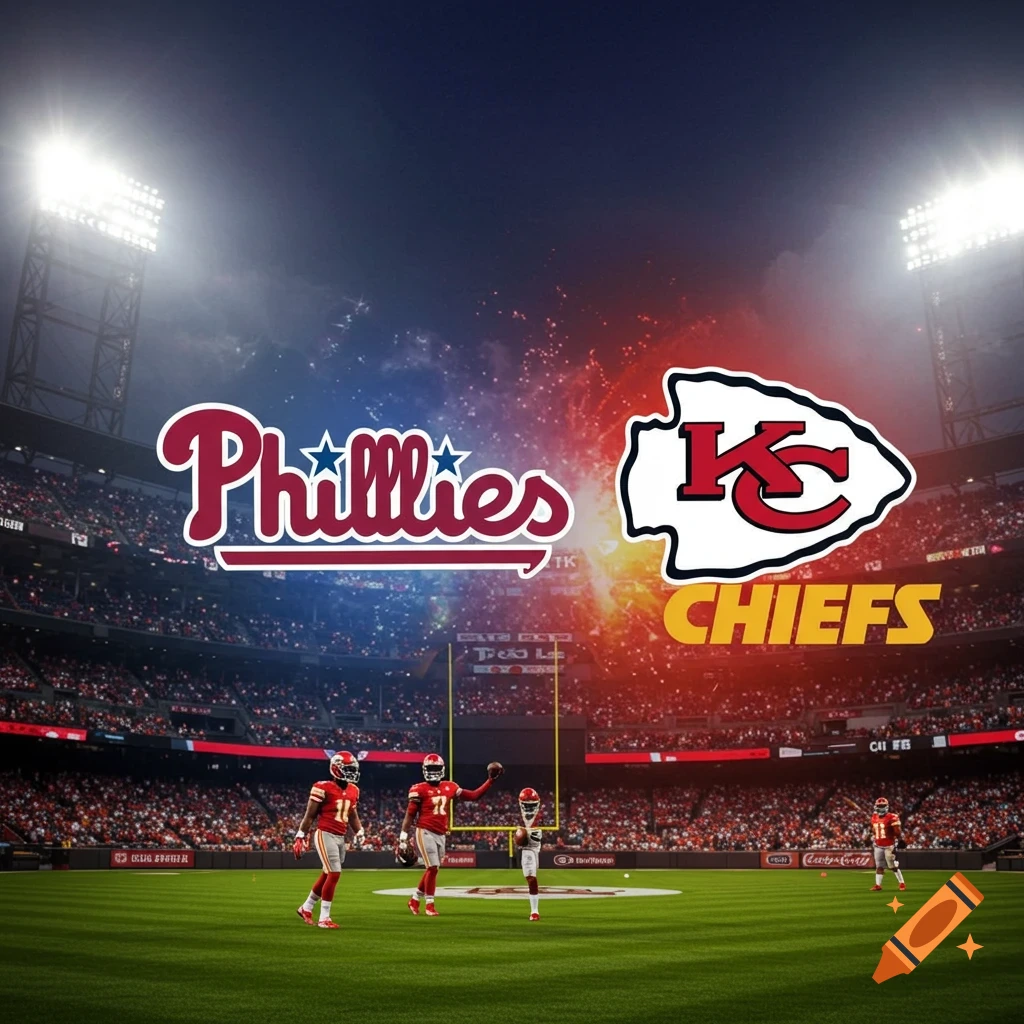 A stadium with the Philadelphia Phillies and Kansas City Chiefs logos floating above a football field with players.