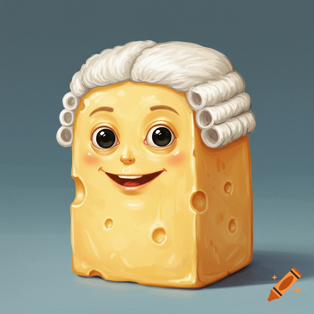 A smiling block of cheese wears an old-time white wig.