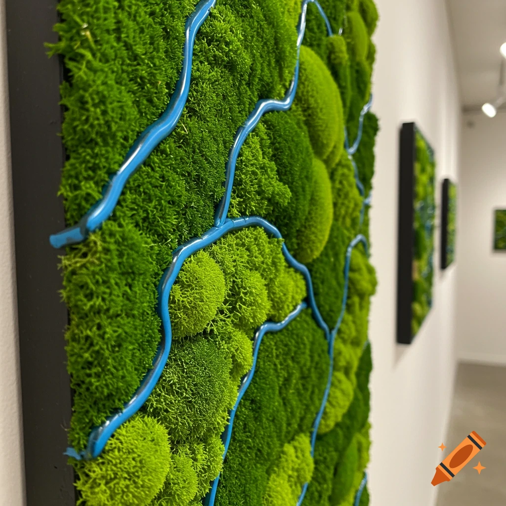 Close-up photo of green moss art with blue resin lines on a canvas hanging on a wall
