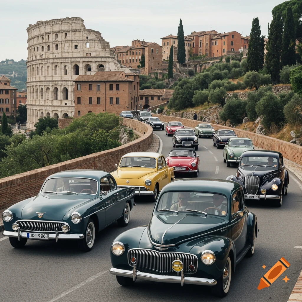 A procession of vintage cars drives on a road in Rome with the Colosseum in the background.