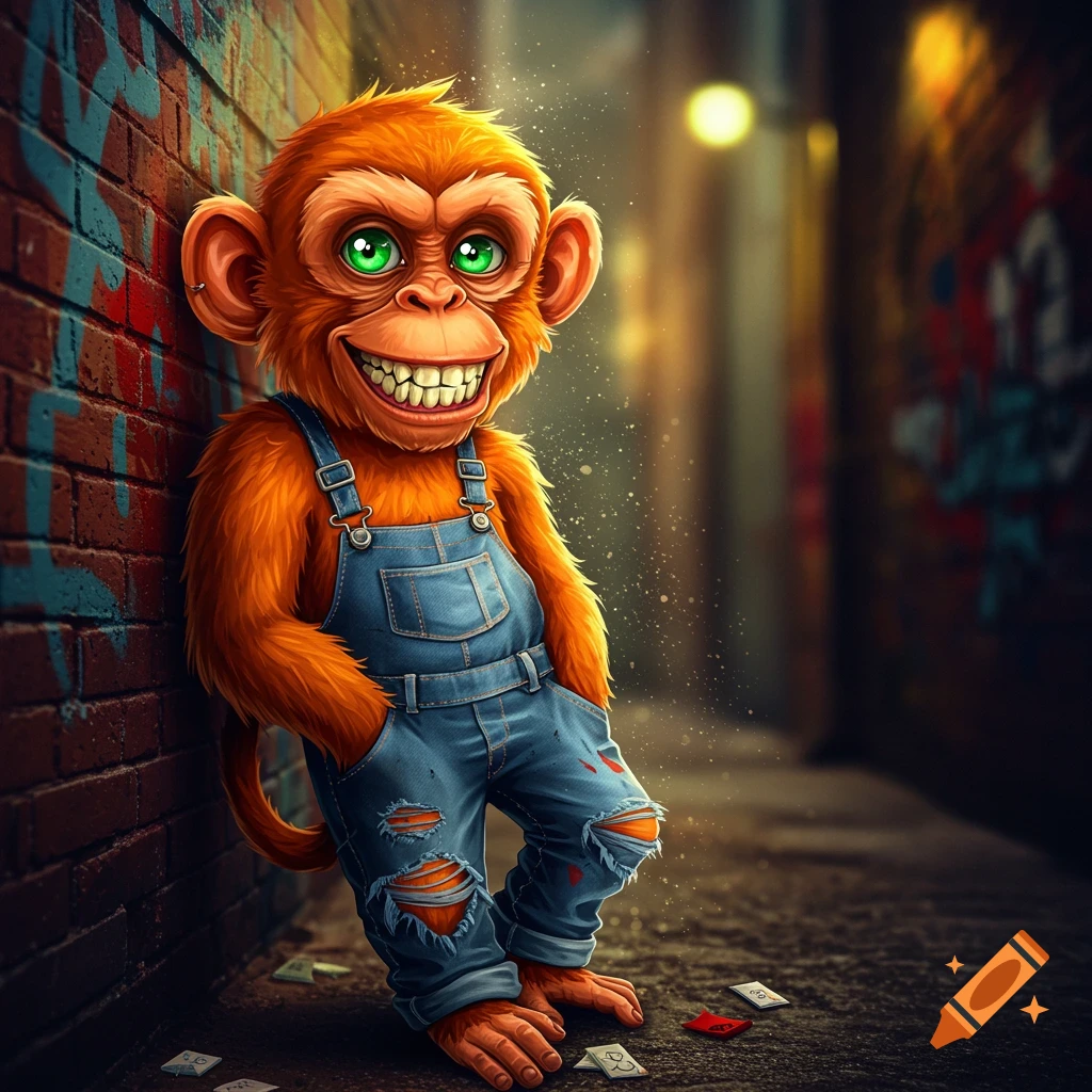 Cartoonish ginger monkey with green eyes and a grin leans against a graffiti wall in ripped overalls.
