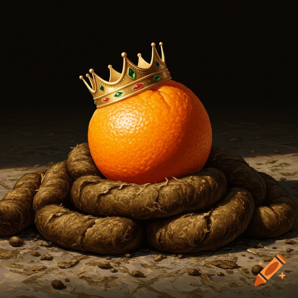 An orange with a crown sits on a pile of waste.
