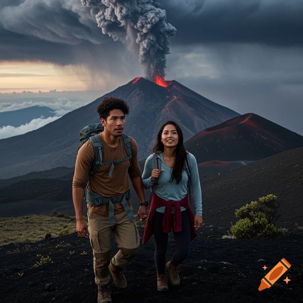 A couple hikes up a dark volcanic slope, holding hands, with a large volcano erupting smoke and ash in the background under a dramatic sky.