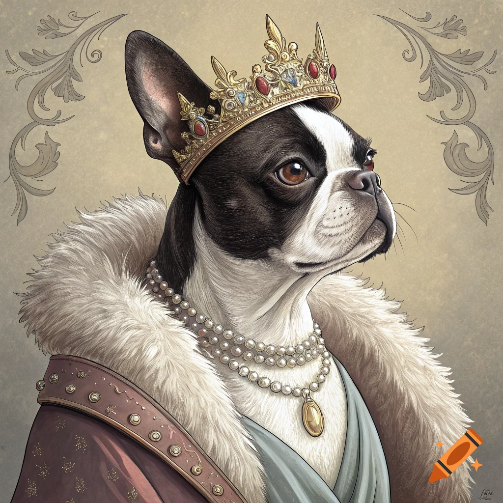 Boston Terrier dog dressed as queen wearing a crown, pearls, and fur cloak in a regal portrait.