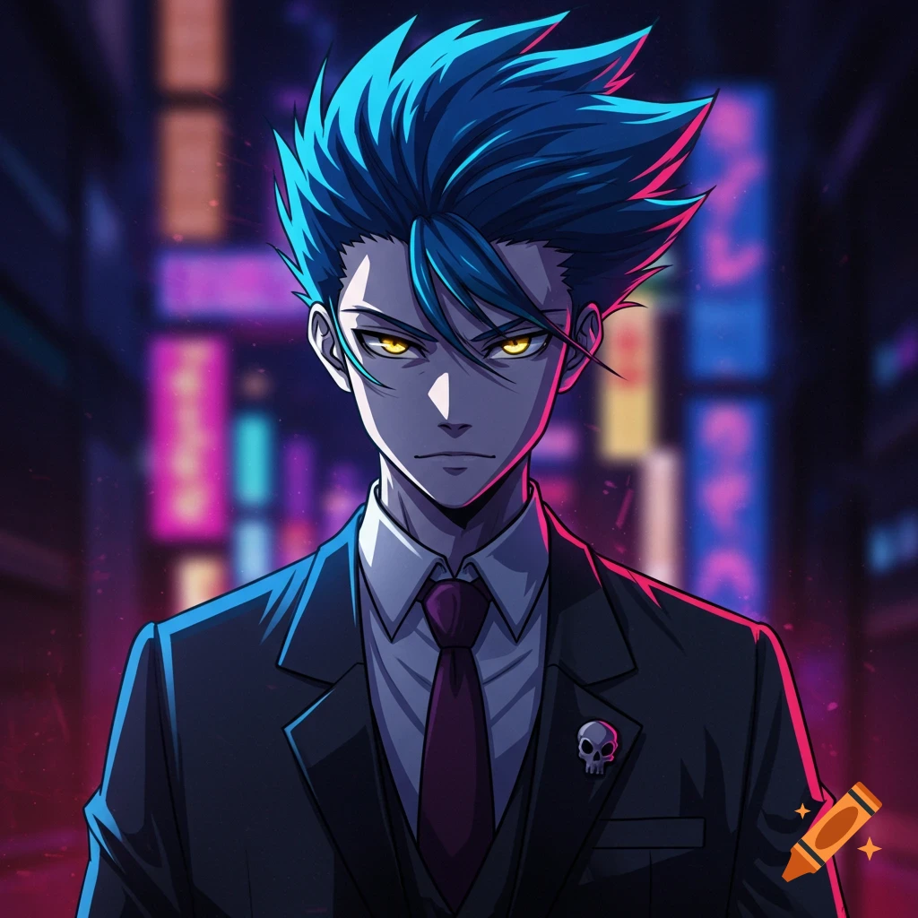 Anime character with blue hair and yellow eyes in a suit against a neon city background.