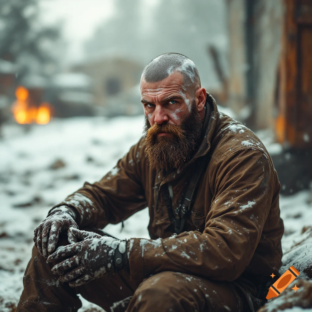 Photorealistic portrait of a bearded soldier covered in snow, sitting in a ruined, snowy landscape.