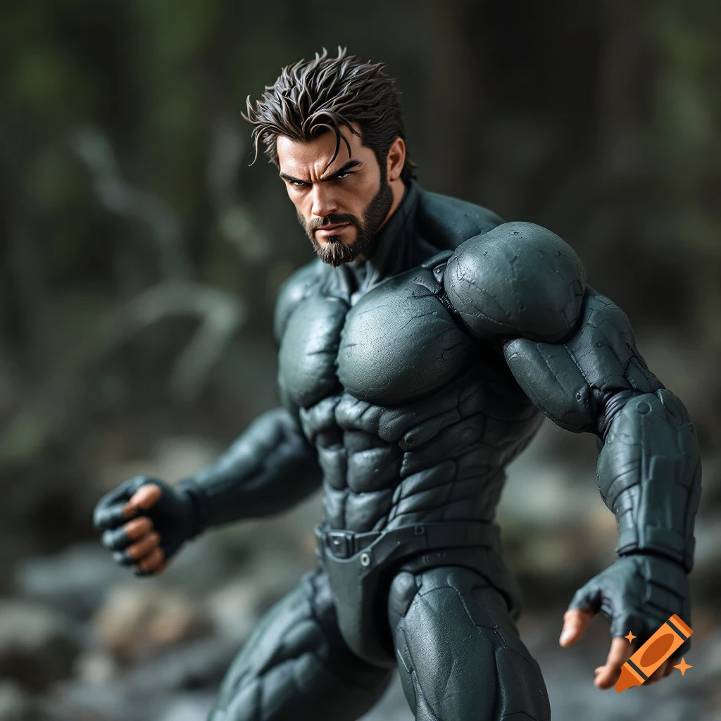 Photo of a muscular male action figure in a dark suit.