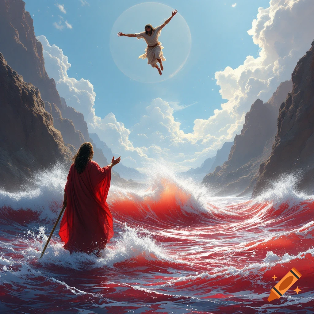 Moses parts a red sea while a figure ascends into the sky.