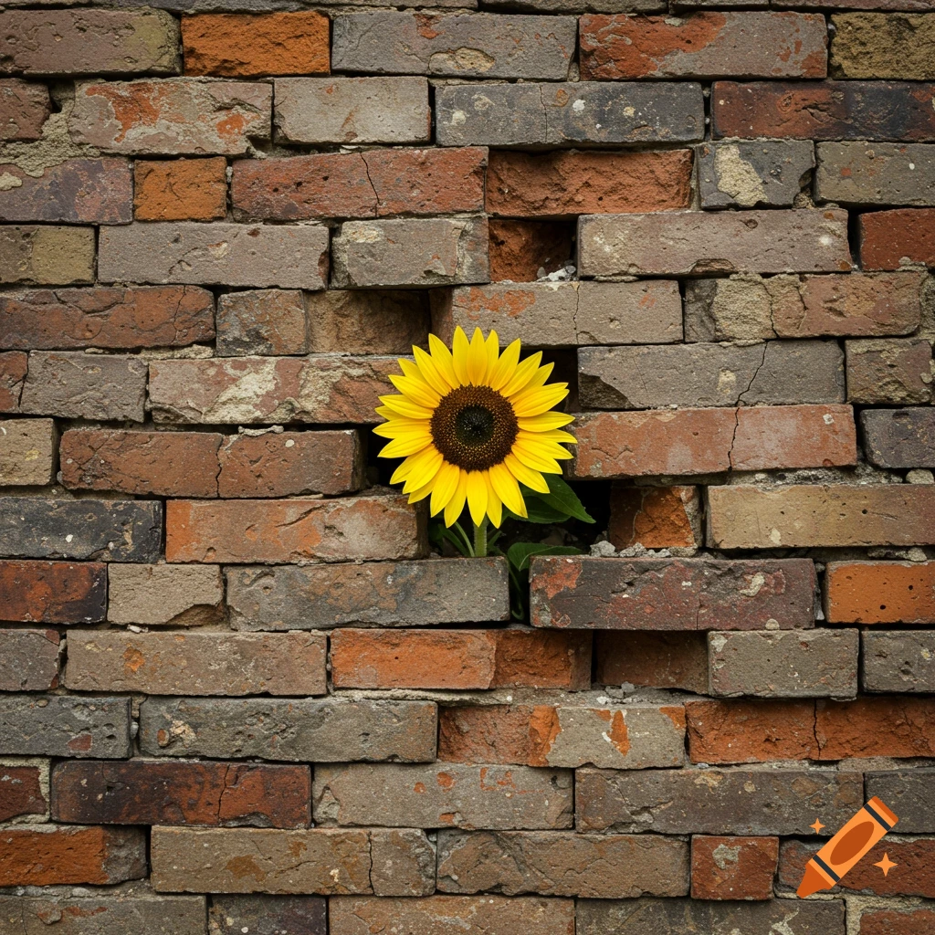 A bright yellow sunflower growing from a hole in a brick wall.