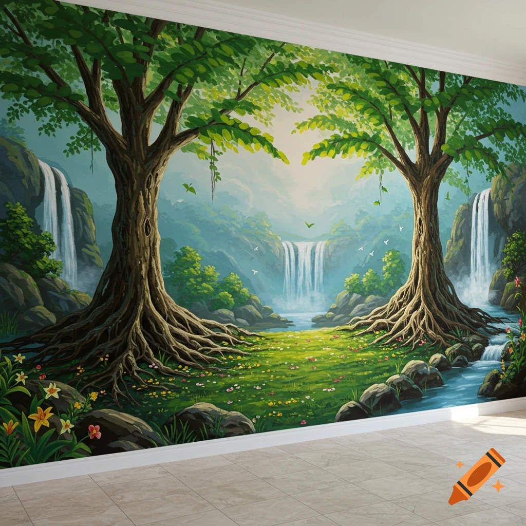 A vibrant painted mural on a wall depicting a lush forest landscape with large rooted trees and waterfalls.