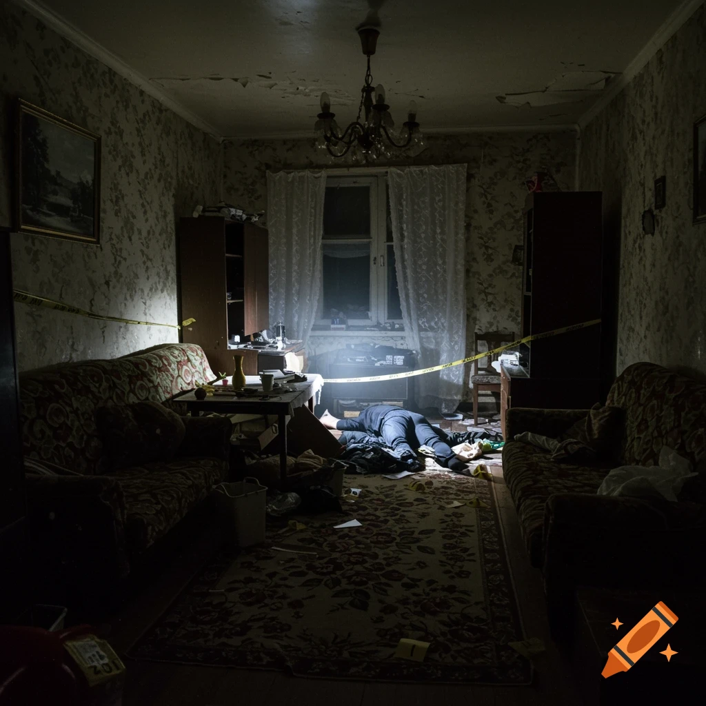 A dimly lit room depicts a crime scene with a body on the floor, police tape, and cluttered furniture.