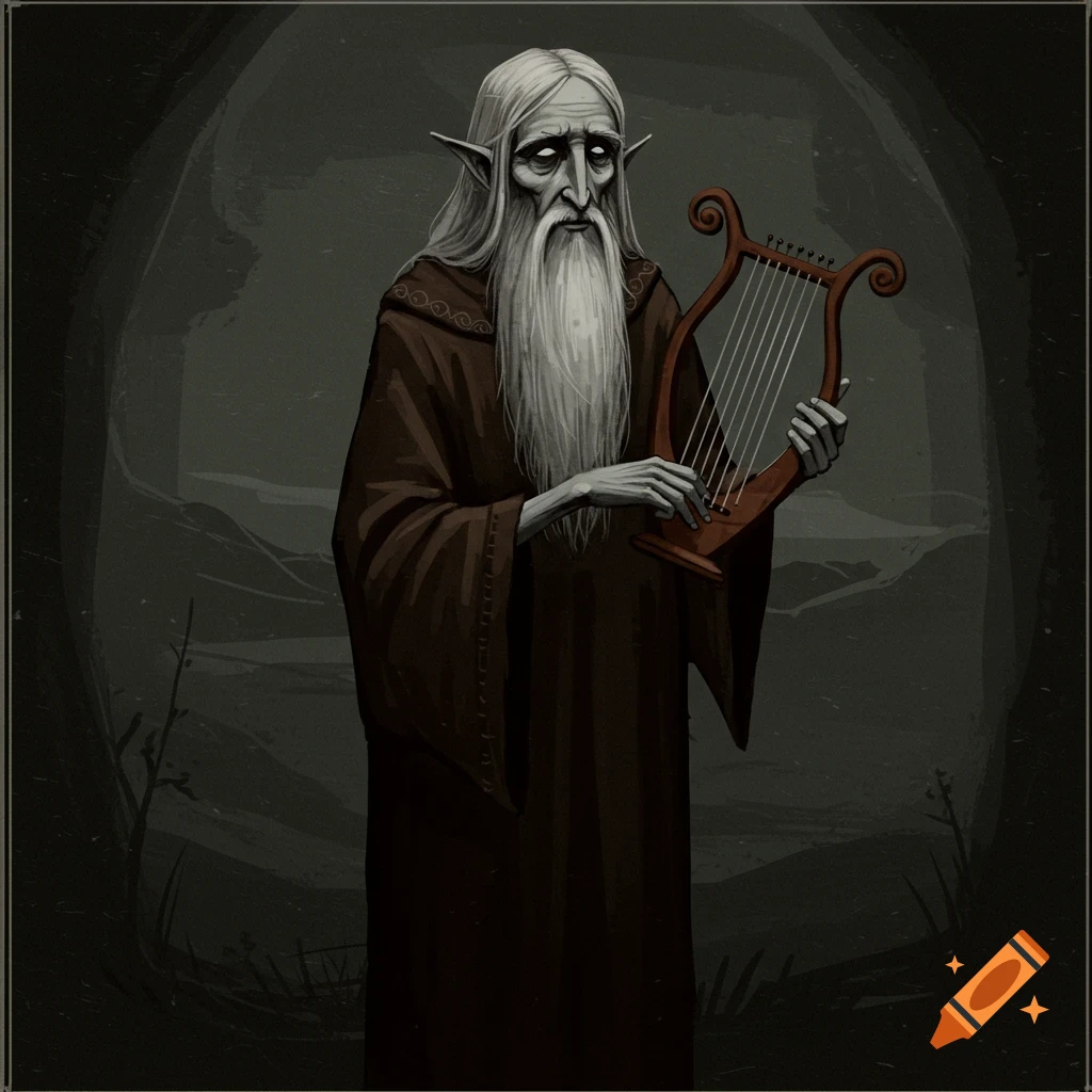 An old, gaunt elf with long white hair and beard, wearing a dark robe, playing a lyre in a dark, misty forest.