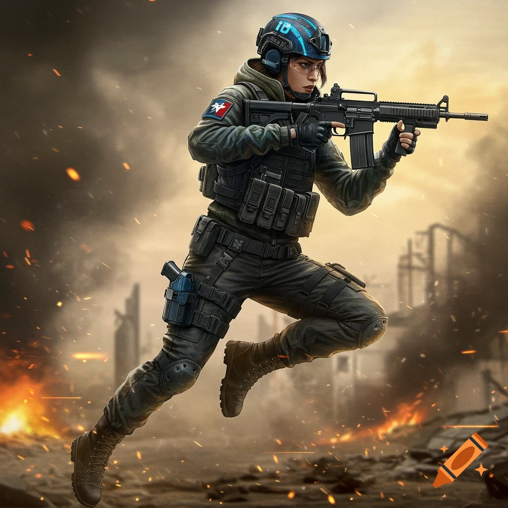 Female soldier running through a battlefield with a rifle