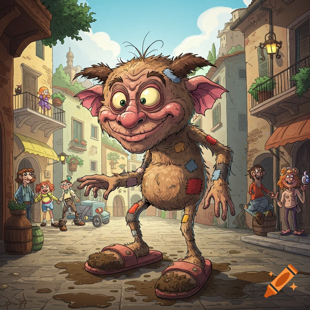 A cartoon monster in muddy slippers stands in an Italian town square among people