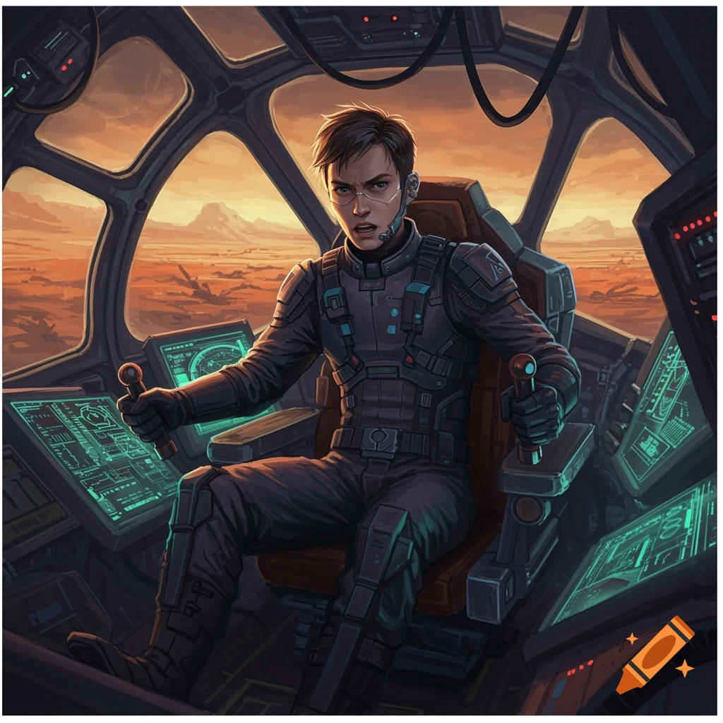 A young sci-fi pilot sits in a cockpit, gripping control levers, with glowing screens and an alien landscape outside the window.