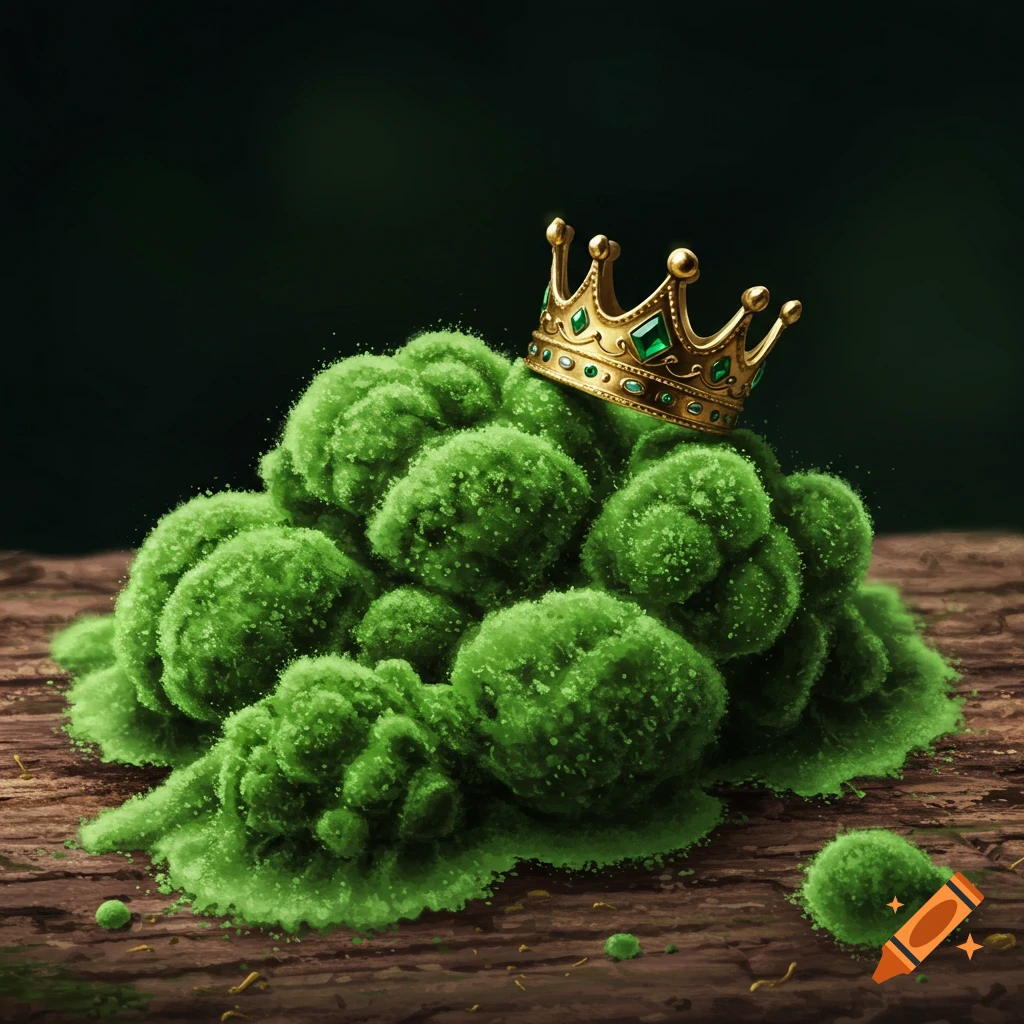 A pile of green mold wearing a golden crown.
