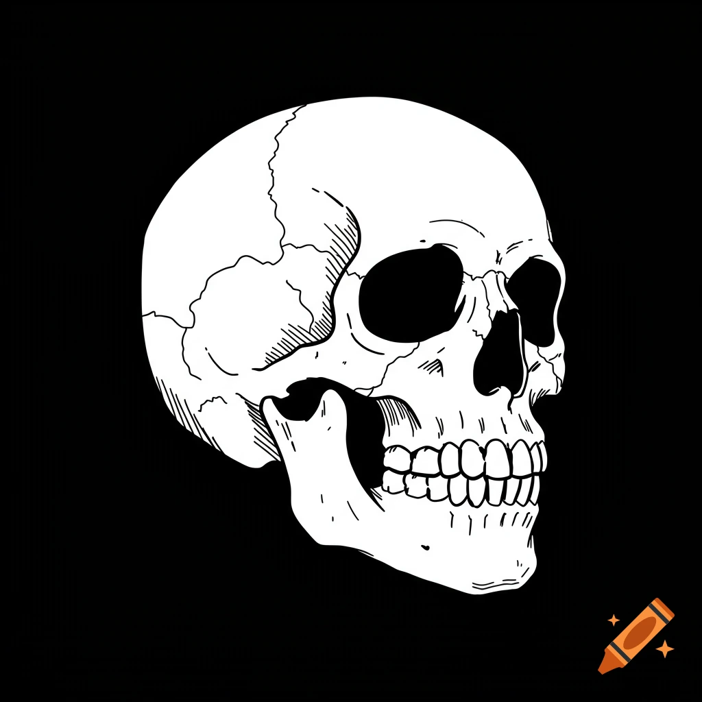 A white illustrated skull on a black background