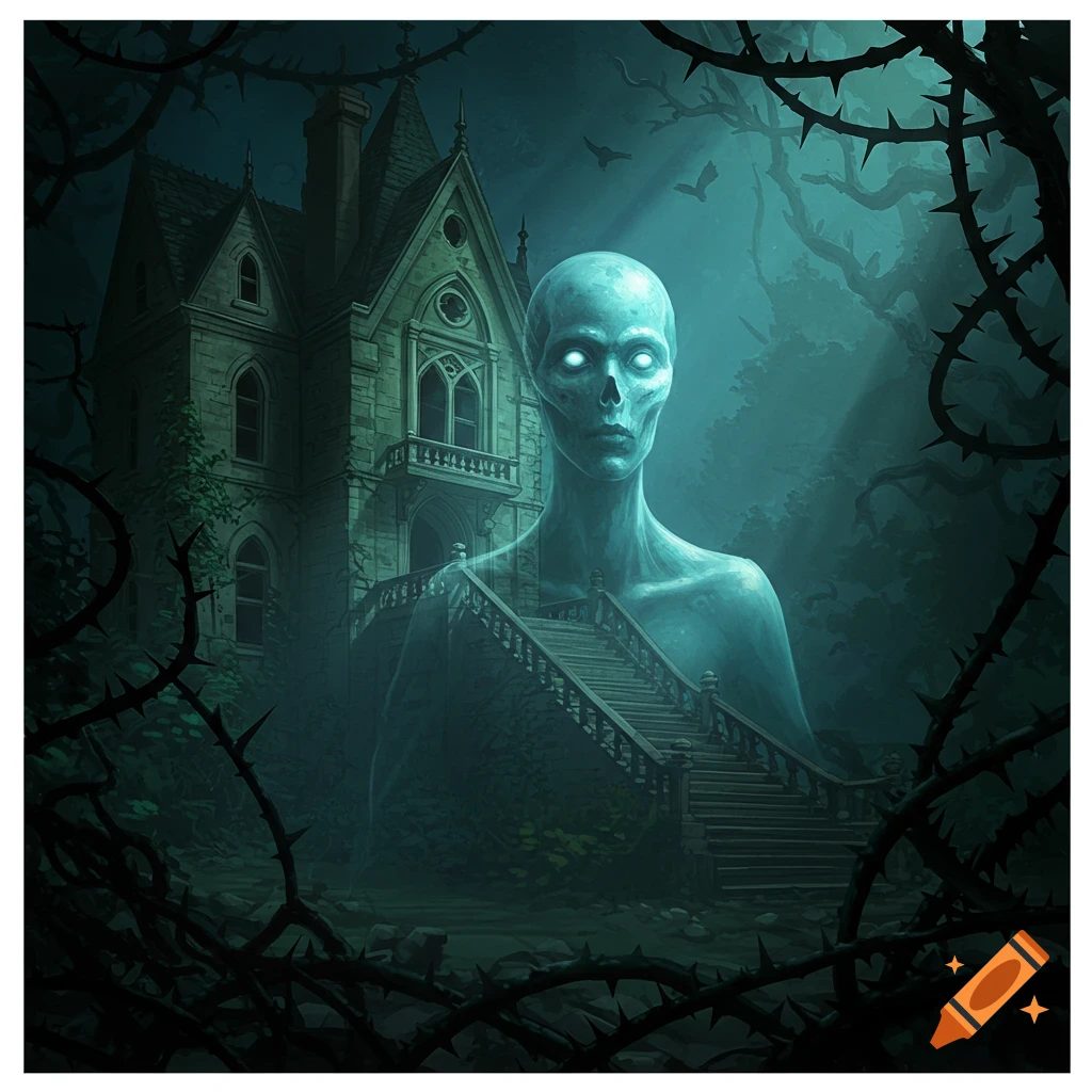 A ghostly figure with glowing eyes stands in front of a haunted house at night, surrounded by dark thorny branches.
