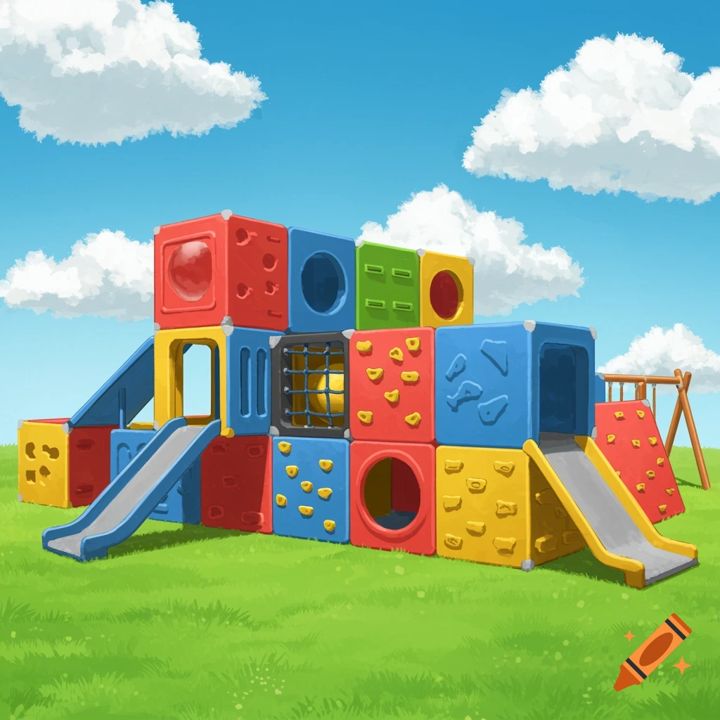 Colorful cartoon playground modules with slides and climbing walls under a cloudy blue sky.