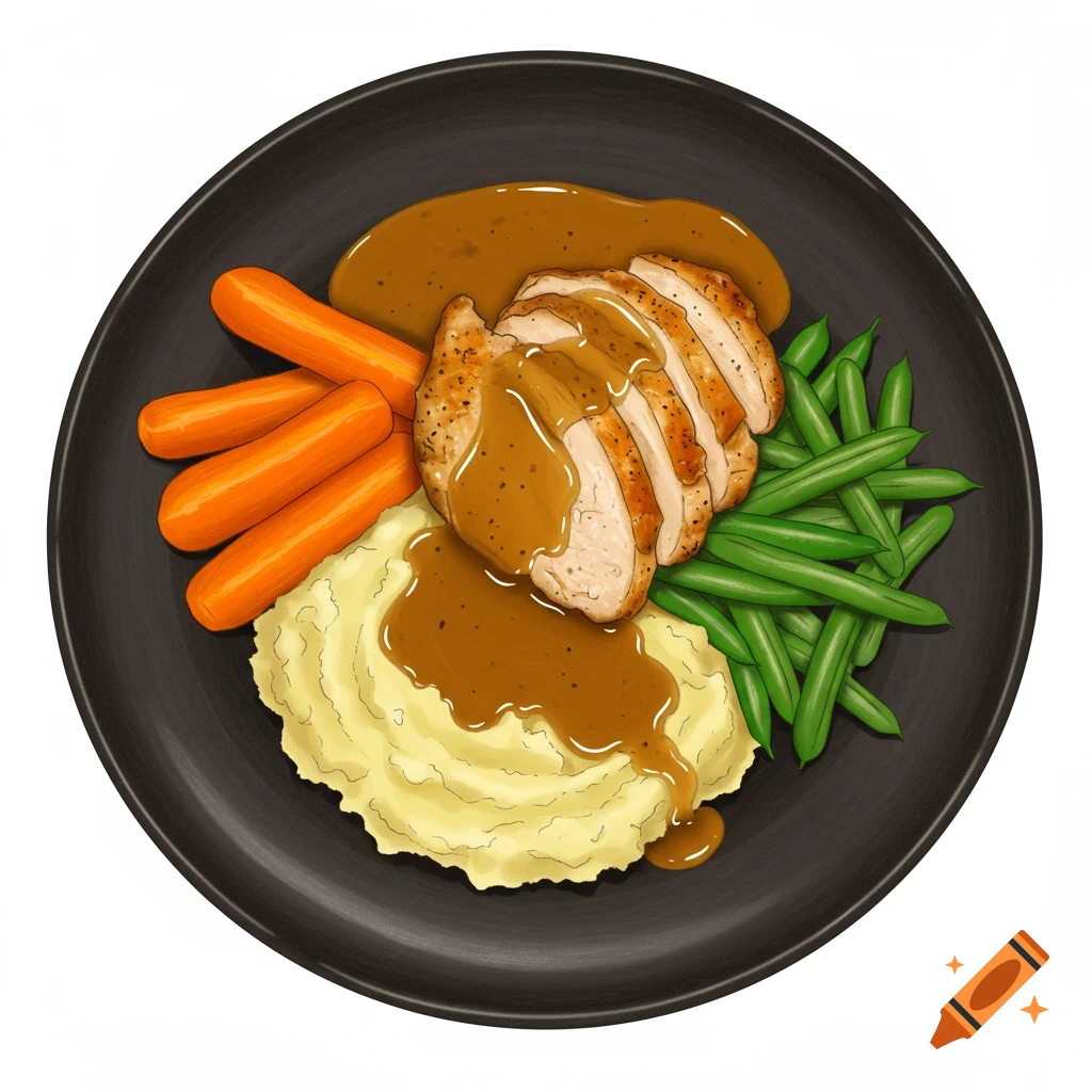 An illustration of sliced chicken, mashed potatoes, carrots, and green beans with gravy on a black plate.