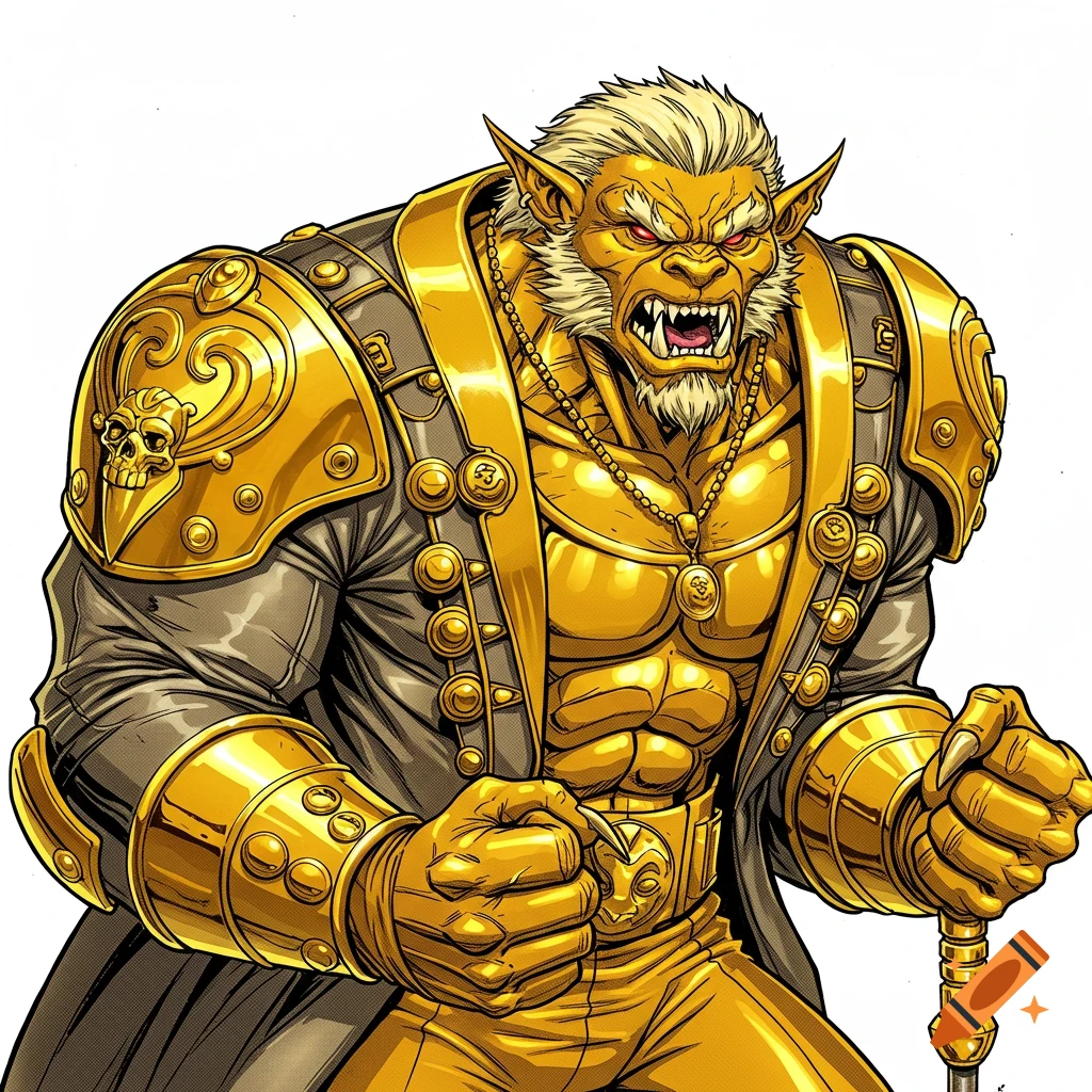 An imposing golden-skinned anthropomorphic creature in ornate gold armor and a coat, holding a staff, in a comic art style.