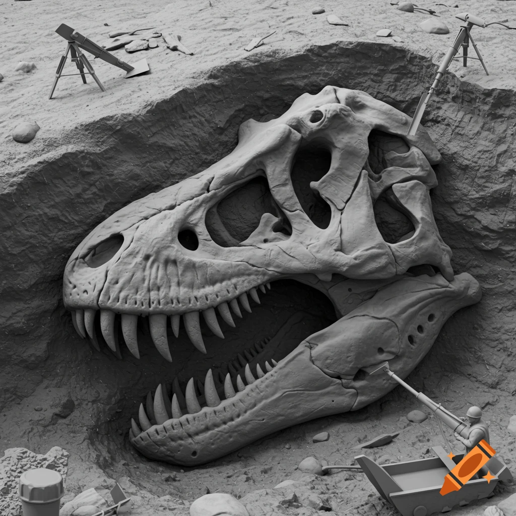 Grayscale 3D rendering of a large T-Rex skull being excavated by small figures.