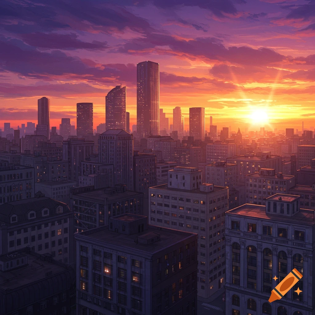 A city skyline at sunset with purple clouds.