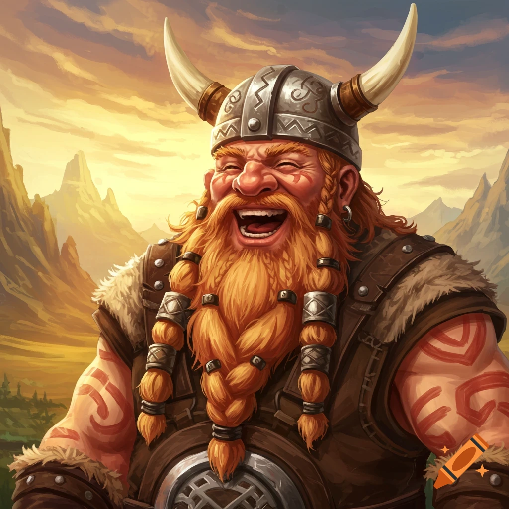 A laughing dwarf with a long braided beard and horned helmet.