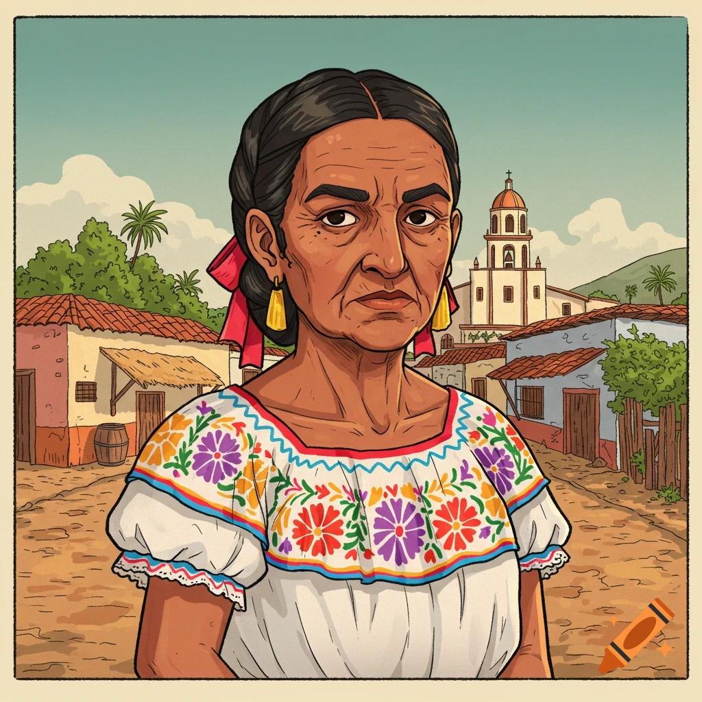 Cartoon portrait of an old woman in traditional Mexican clothing in a rural town.