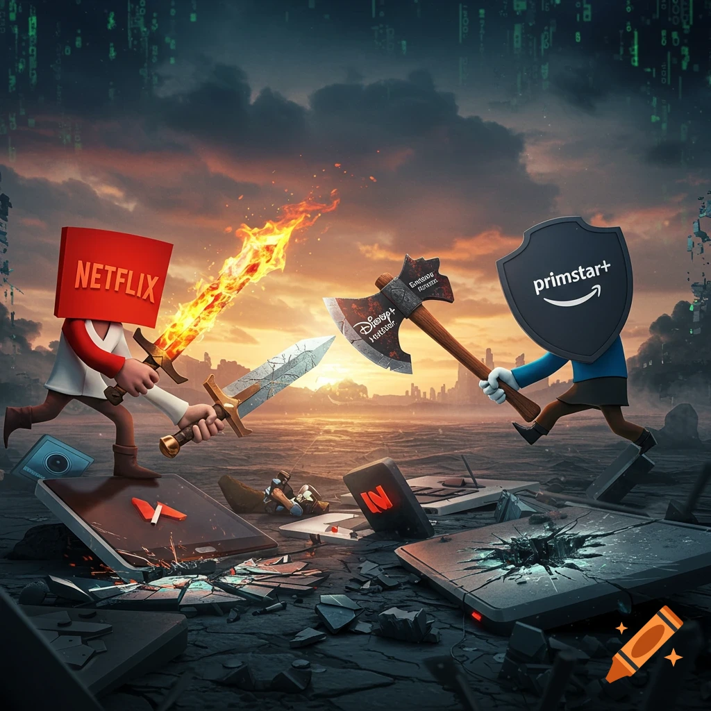 Stylized illustration of figures with Netflix and primstar+ logos battling with a flaming sword and an axe on a battlefield of broken electronics.