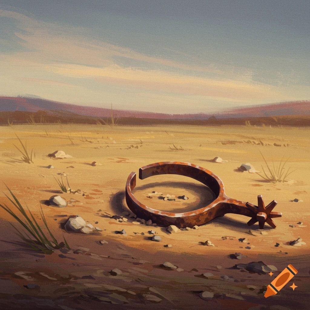 A rusty spur lying in a dry, rocky desert landscape under a cloudy sky.
