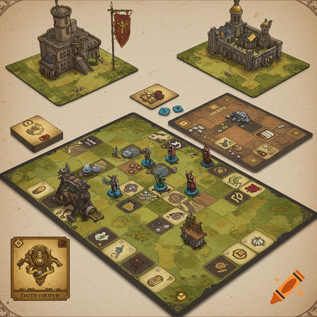Isometric view of a fantasy board game layout with buildings, pieces, and cards.