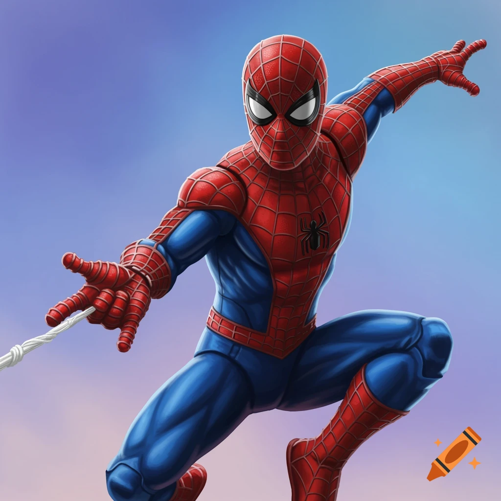 Spider-Man in a red and blue suit in a dynamic web-slinging pose