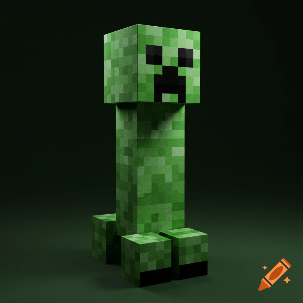 A pixelated Minecraft Creeper character standing on a dark background.