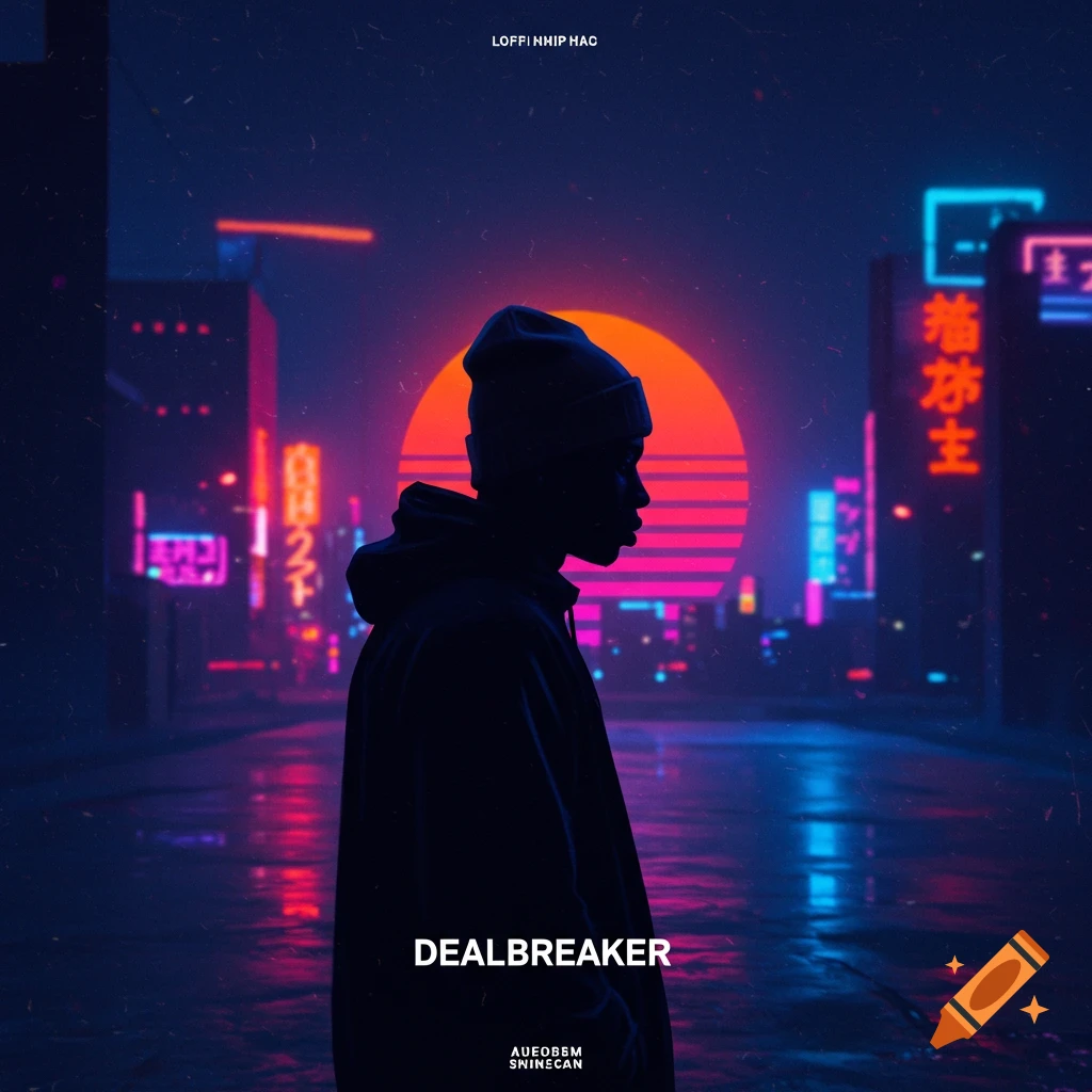 Silhouette of a person in a beanie standing in a cyberpunk city street with neon lights and a retro sun.