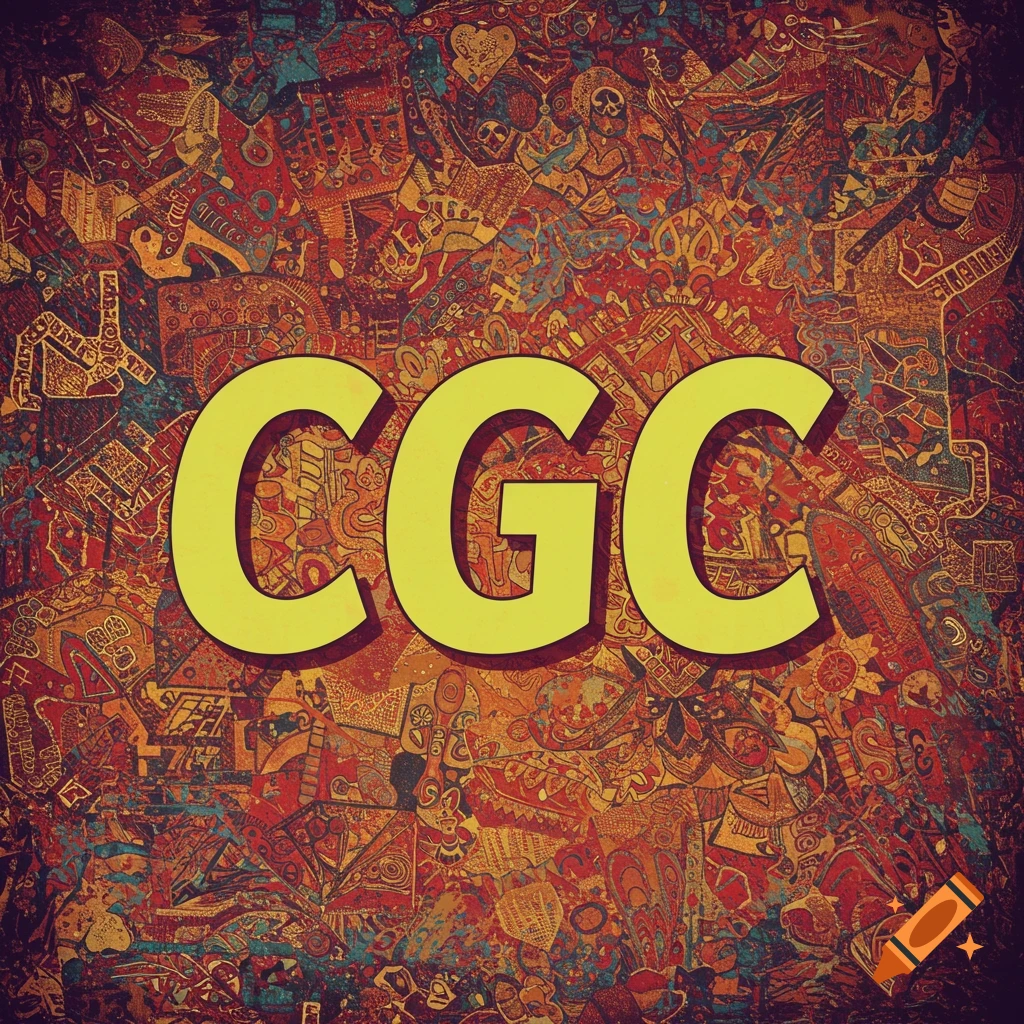 Yellow CGC text on a busy, colorful abstract pattern background